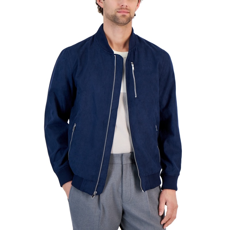 Alfani Mens Faux Suede Perforated Bomber Jacket XL Navy Blue