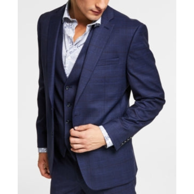 Bar Iii Mens Slim fit Suit Jacket Blazer 40 R Navy Blue Plaid Stretch