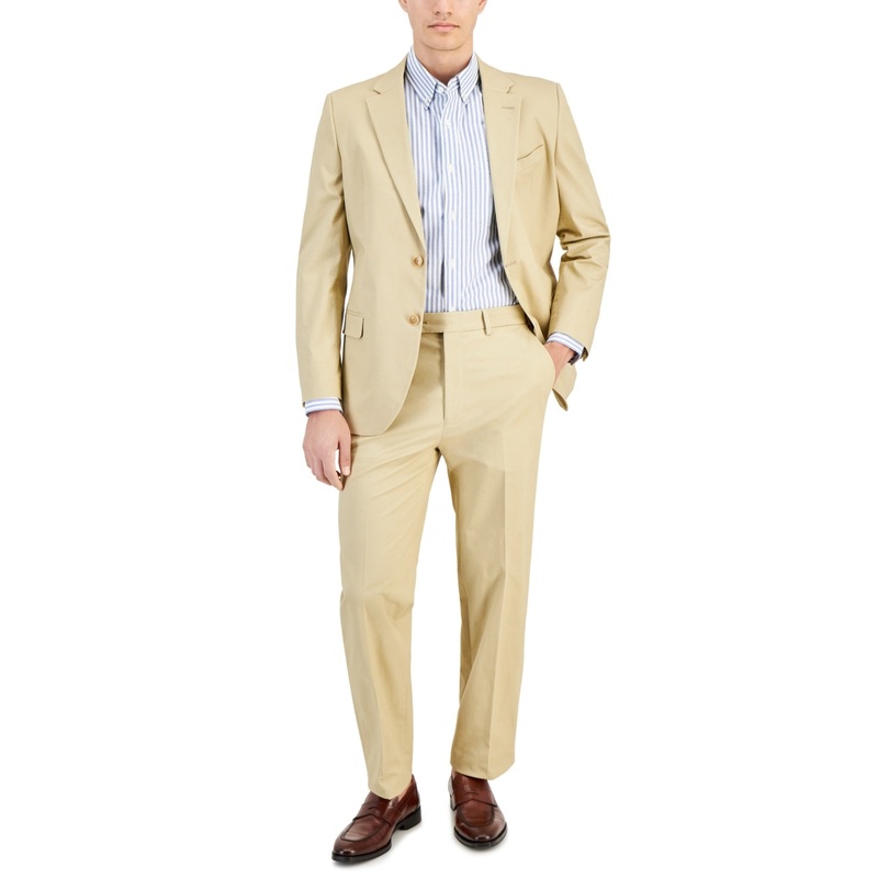 Nautica Mens Modern fit 2 Piece Suit 44 R / 38 Waist Tan Beige Solid Stretch