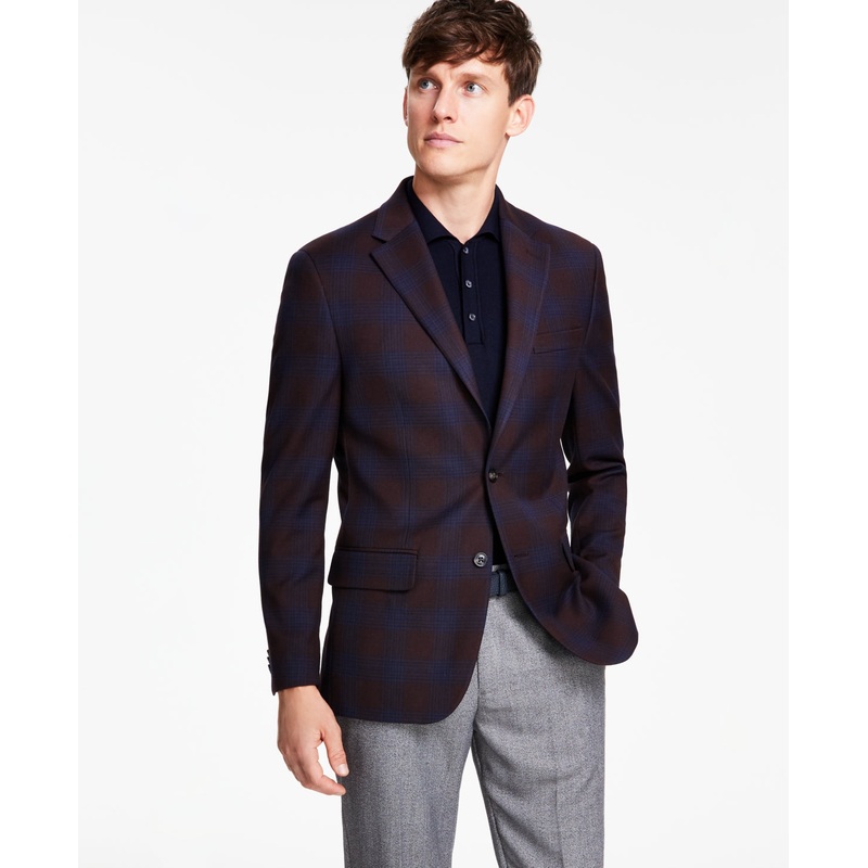 Tommy Hilfiger Mens Modern fit Sport Coat Blazer 42 S Burgundy Red / Blue Plaid