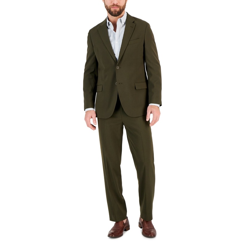 Nautica Mens Modern fit 2 Piece Suit 40 L / 34 Waist Olive Green Solid Stretch