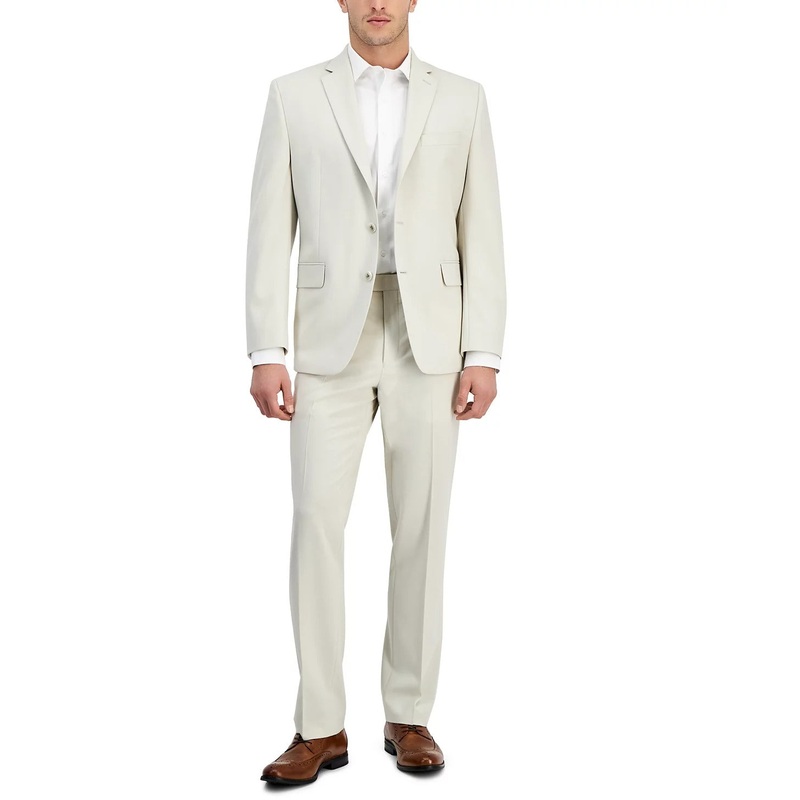 Perry Ellis Mens Modern fit 2 Piece Suit 46 R / 39 Waist Beige Solid Stretch