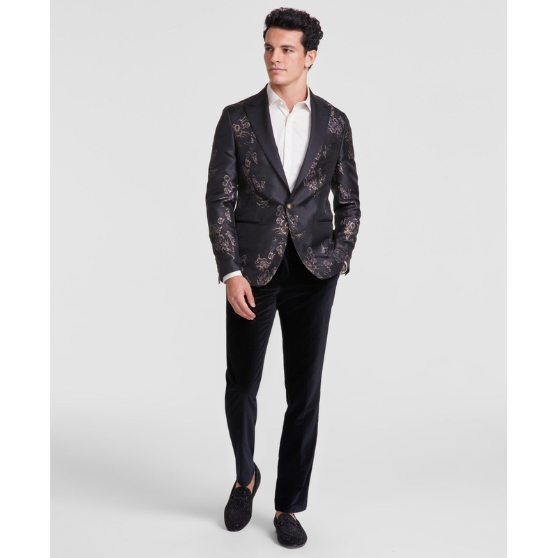 Tallia Men's Slim-Fit Floral Jacquard Blazer Sport Coat 44L Black Gold