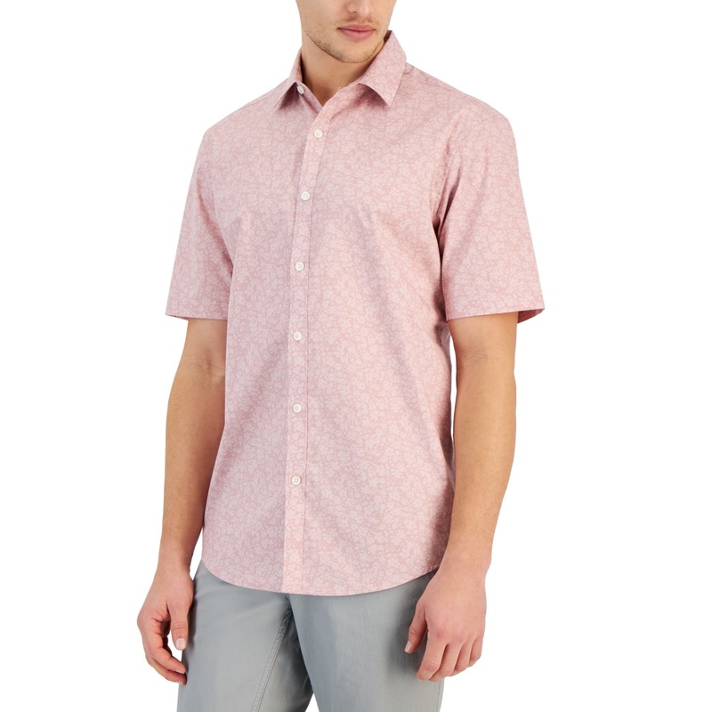 Alfani Mens Classic fit Short Sleeve Button-Up Shirt Small Pink Stretch