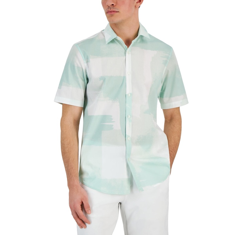 Alfani Mens Classic fit Short Sleeve Button-Up Shirt XL Green Geometric