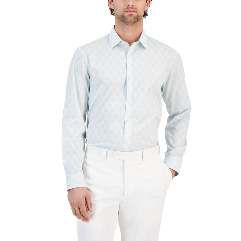 Alfani Mens Regular fit Long Sleeve Button-Up Shirt Large Green Argyle/Diamond