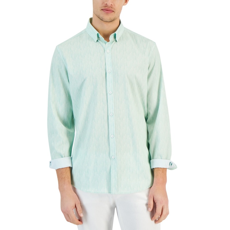 Alfani Mens Regular fit Long Sleeve Button-Up Shirt Large Green Striped Stretch