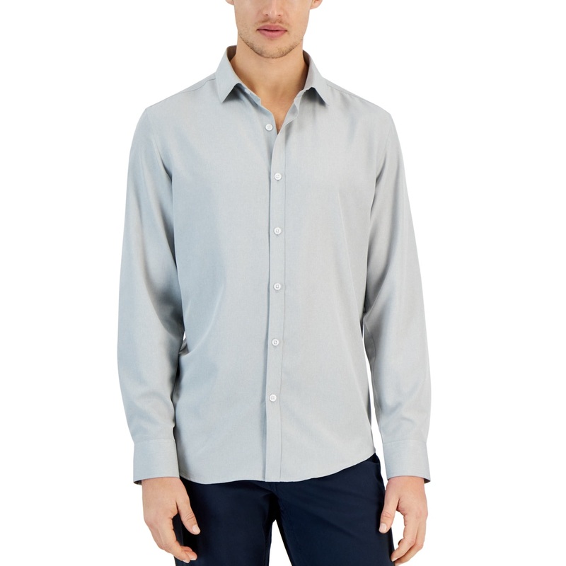 Alfani Mens Regular fit Long Sleeve Button-Up Shirt Small Grey Solid