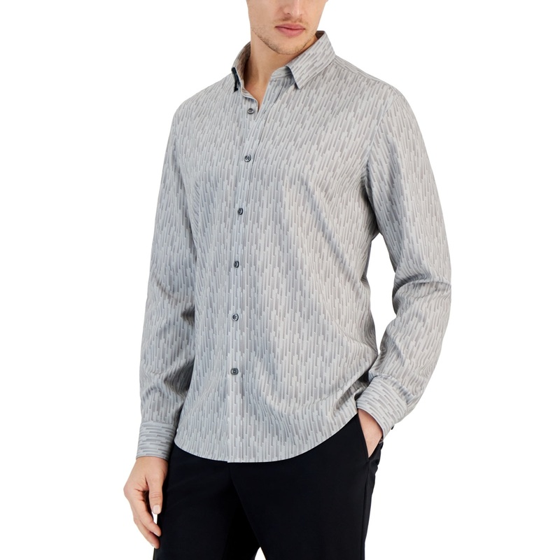 Alfani Mens Regular fit Long Sleeve Button-Up Shirt XL Grey Stretch