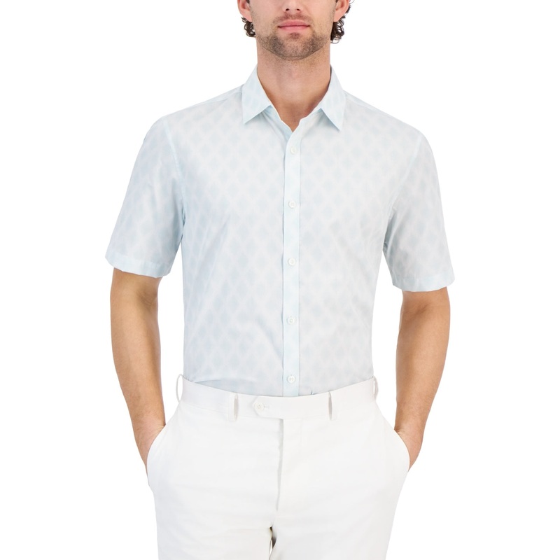 Alfani Mens Regular fit Short Sleeve Button-Up Shirt XXL Green Argyle Diamond