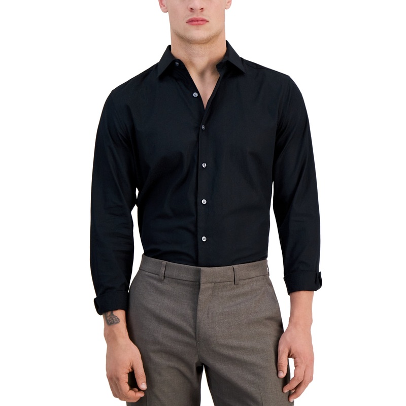 Bar Iii Mens Slim fit Long Sleeve Button-Up Shirt Medium Black