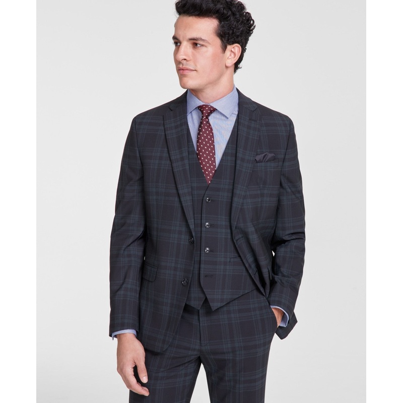 Bar Iii Mens Slim fit Suit Jacket Blazer 40 L Black Plaid Stretch