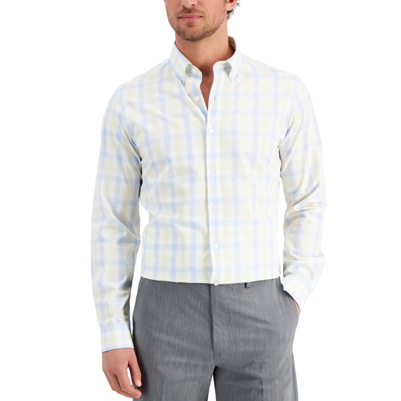 Club Room Mens Slim fit Long Sleeve Button-Up Shirt Small Yellow Plaid Stretch