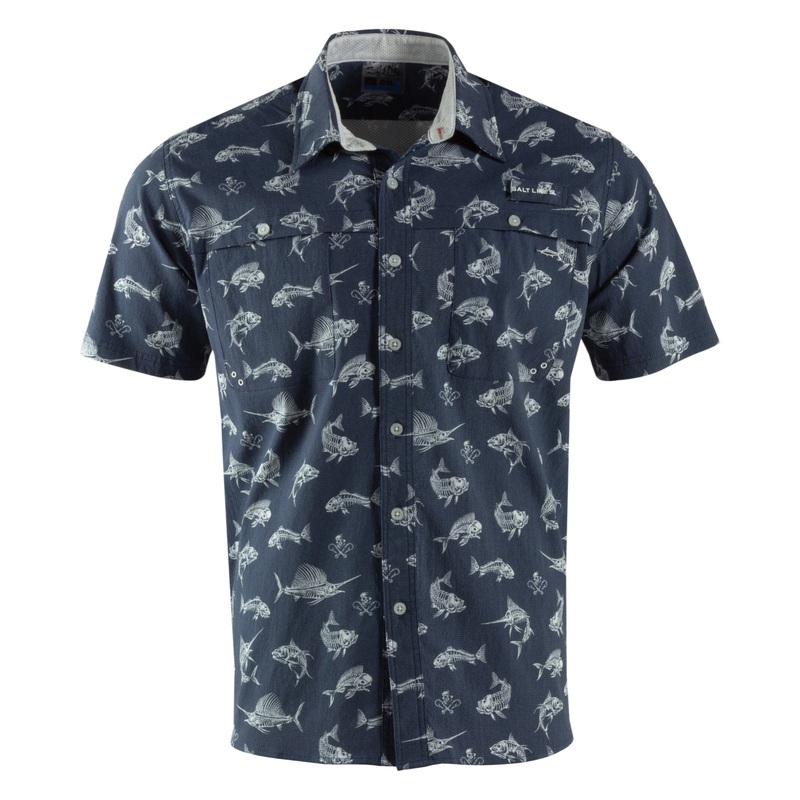 Salt Life Mens Regular fit Short Sleeve Button-Up Shirt Small Blue Fish Stretch