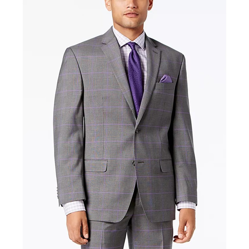 Sean John Men's Classic-Fit Stretch Gray Purple Windowpane Plaid Suit Jacket 40R