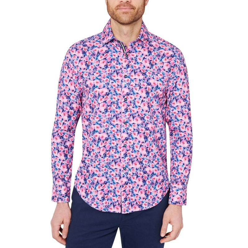 Society Of Threads Mens Slim fit Long Sleeve Button-Up Shirt Small Pink Floral Stretch