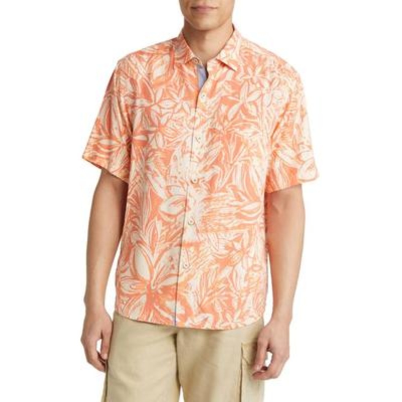 Tommy Bahama Mens Regular fit Short Sleeve Button-Up Shirt Small Orange Floral