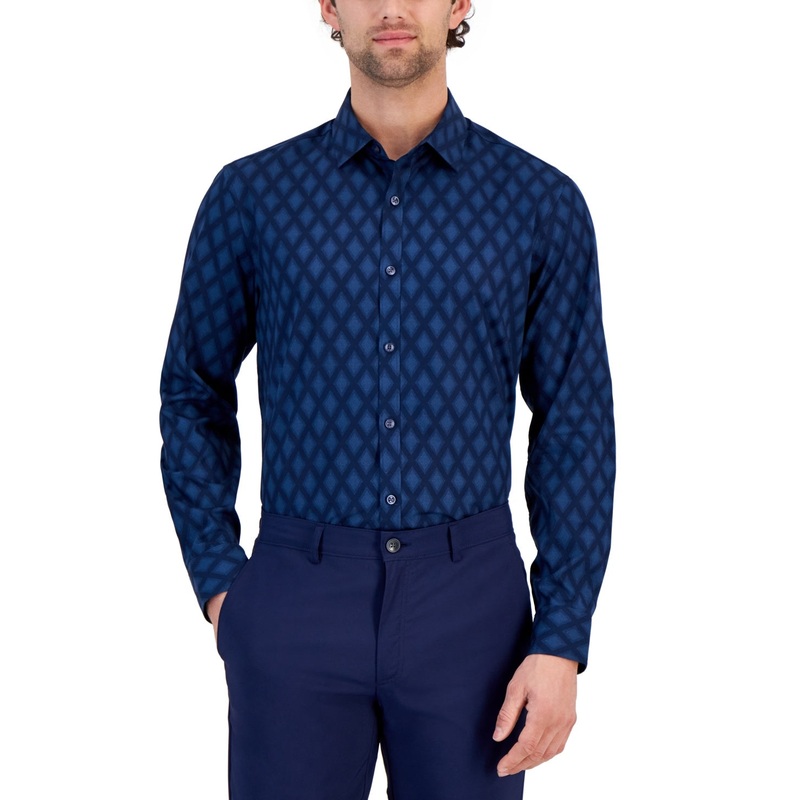Alfani Mens Regular fit Long Sleeve Button-Up Shirt Small Blue Argyle/Diamond