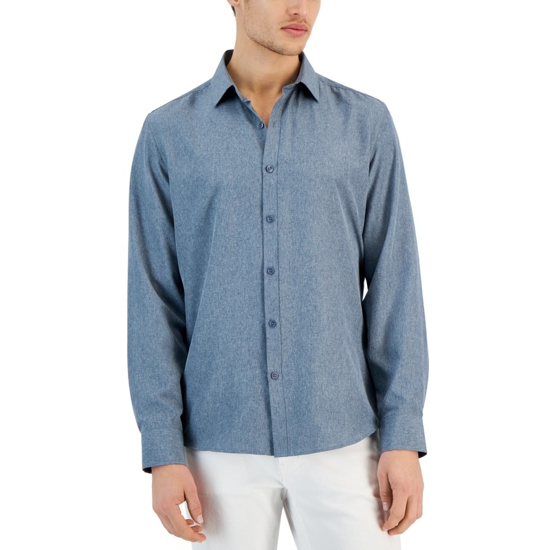 Alfani Mens Regular fit Long Sleeve Button-Up Shirt Small Blue Solid