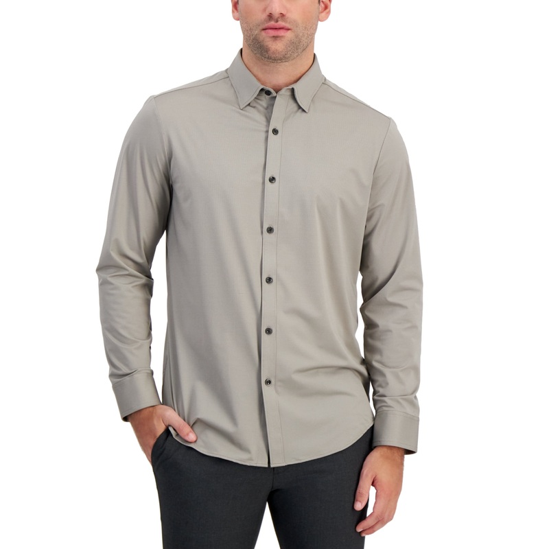 Alfani Mens Regular fit Long Sleeve Button-Up Shirt XXL Grey Solid Stretch