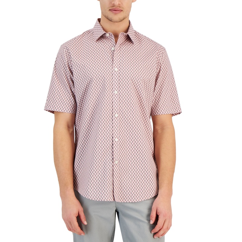 Alfani Mens Regular fit Short Sleeve Button-Up Shirt XL Red Geometric Stretch