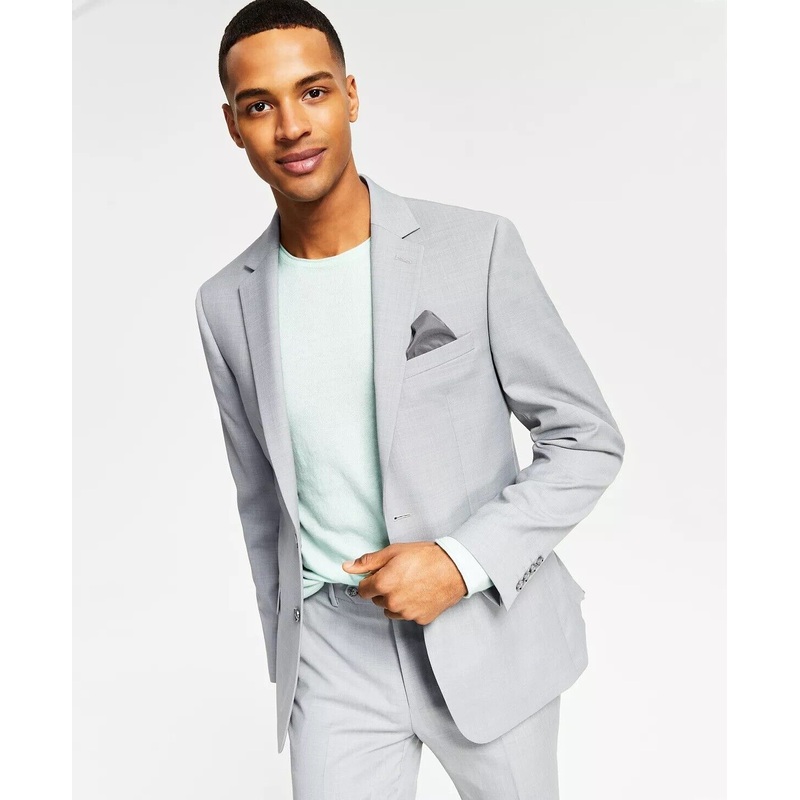 BAR III Men's Skinny-Fit Sharkskin Suit Jacket 44R Solid Light Grey Wool Blend