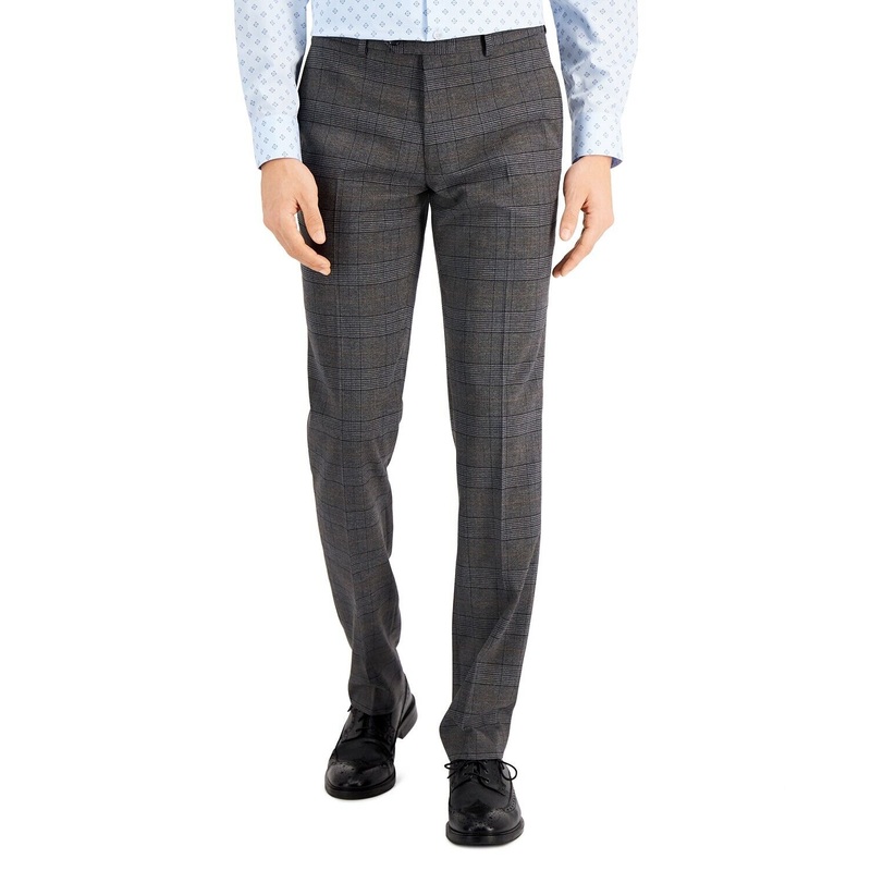 Bar III Men's Slim-Fit Gray & Camel Plaid Dress Pants 30 x 30