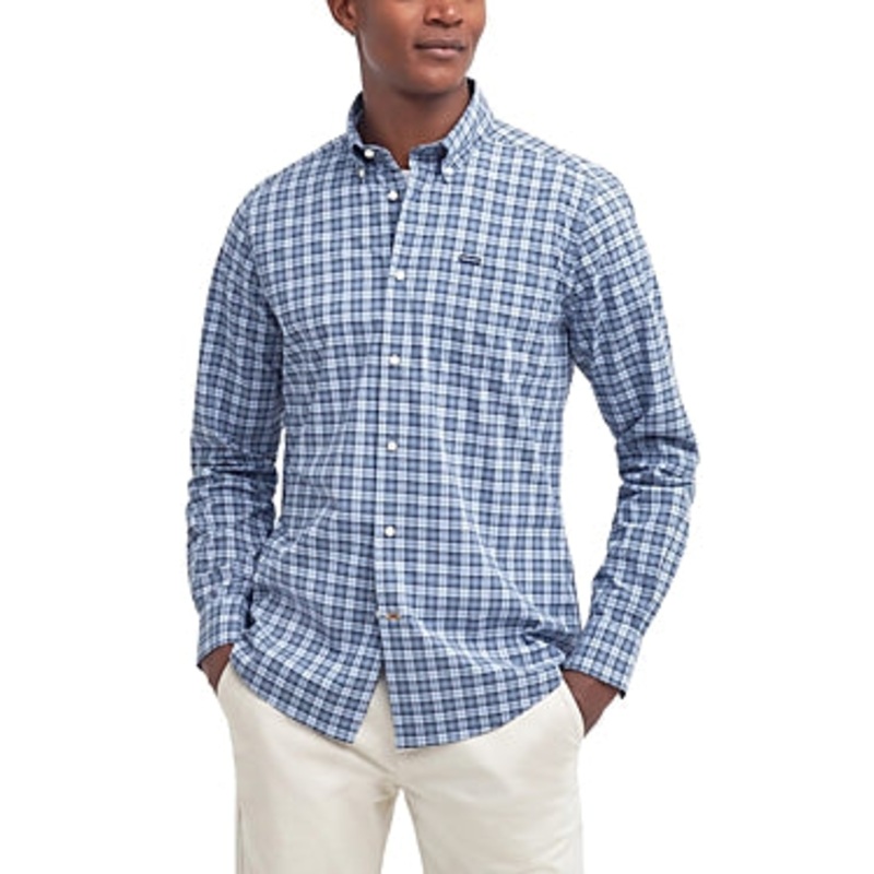 Barbour Mens Slim fit Long Sleeve Button-Up Shirt Large Blue Plaid Stretch
