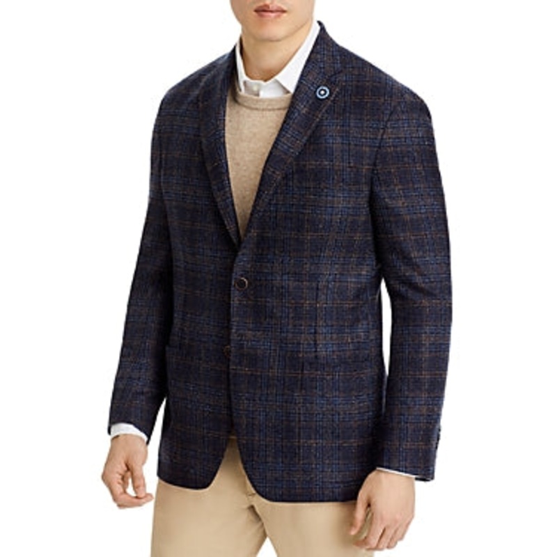 Hart Schaffner Marx New York Boucle Plaid Regular Fit Sport Coat 48R Brown Blue