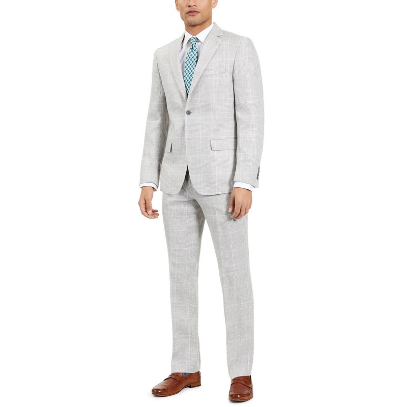 LAUREN RALPH LAUREN Men's Sport Coat 44L Classic-Fit Linen Light Gray Blue Plaid