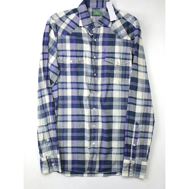 Sid Mashburn Men's Cotton Snap Western Shirt Blue Plaid Size Large Slim Fit