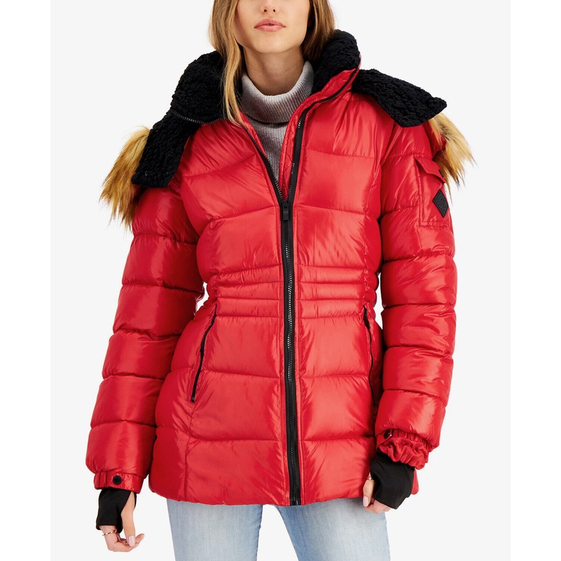 Steve Madden Juniors' Girls Faux-Fur-Trim Hooded Shine Puffer Coat Red Small