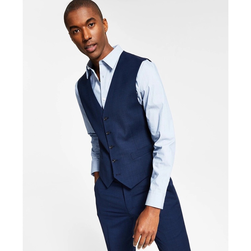 Tommy Hilfiger Men's Suit Vest Blue Sharkskin Large Modern-Fit Th Stretch Solid