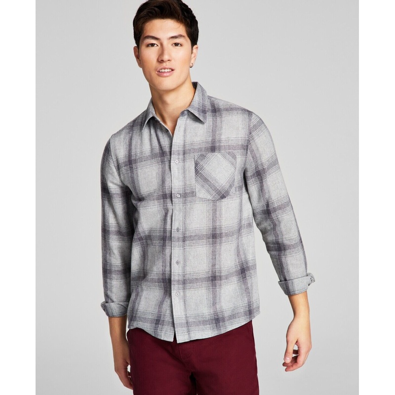And Now This Men's Plaid Brushed Flannel Shirt Ash Grey Medium