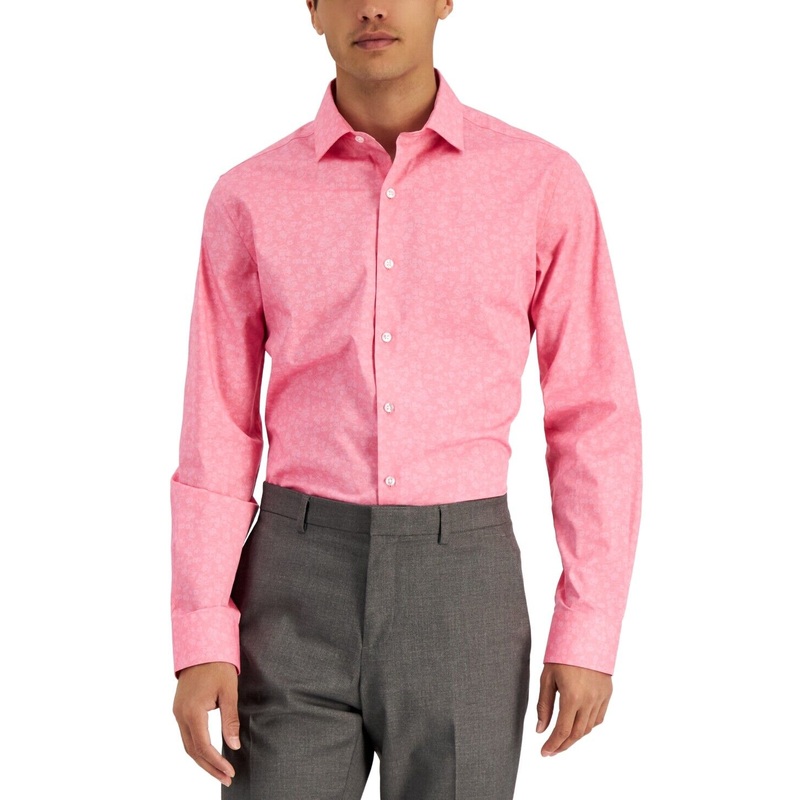 Bar III Mens Slim-Flit Floral Stretch Bright Pink Button Down Shirt Small