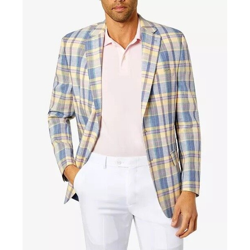 CLUB ROOM Men's Linen Sport Coat Yellow Blue 40S Classic-Fit Plaid