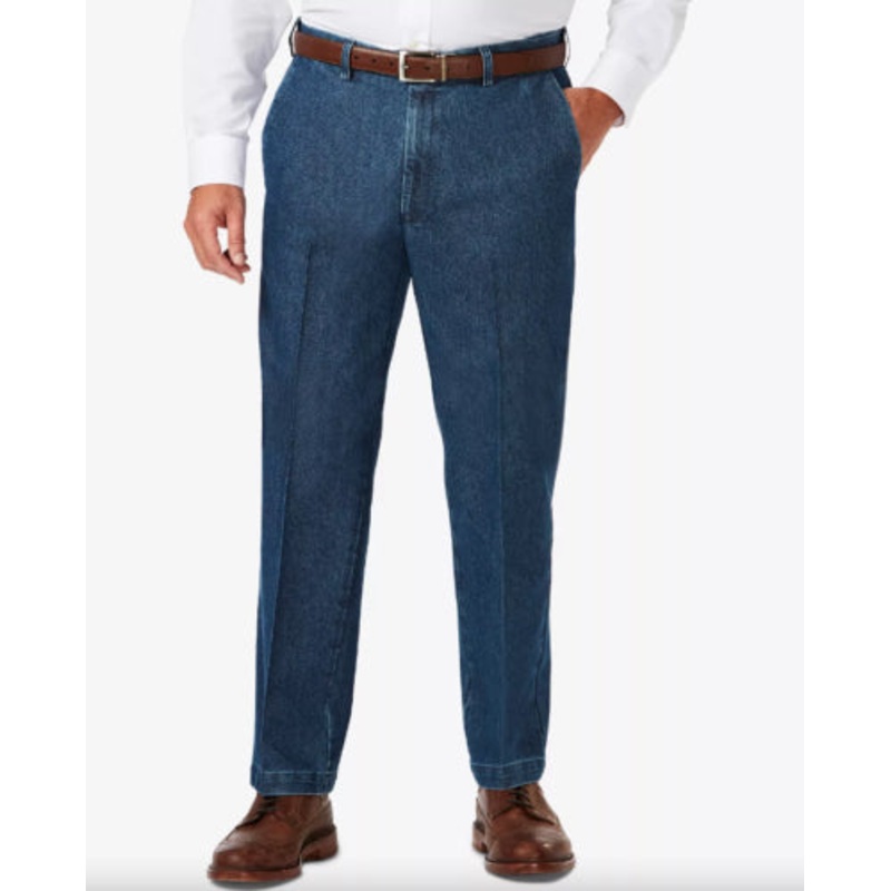 HAGGAR Men's Big & Tall Denim Classic-Fit Flat Front Pants 56 x 30 Med Stonewash