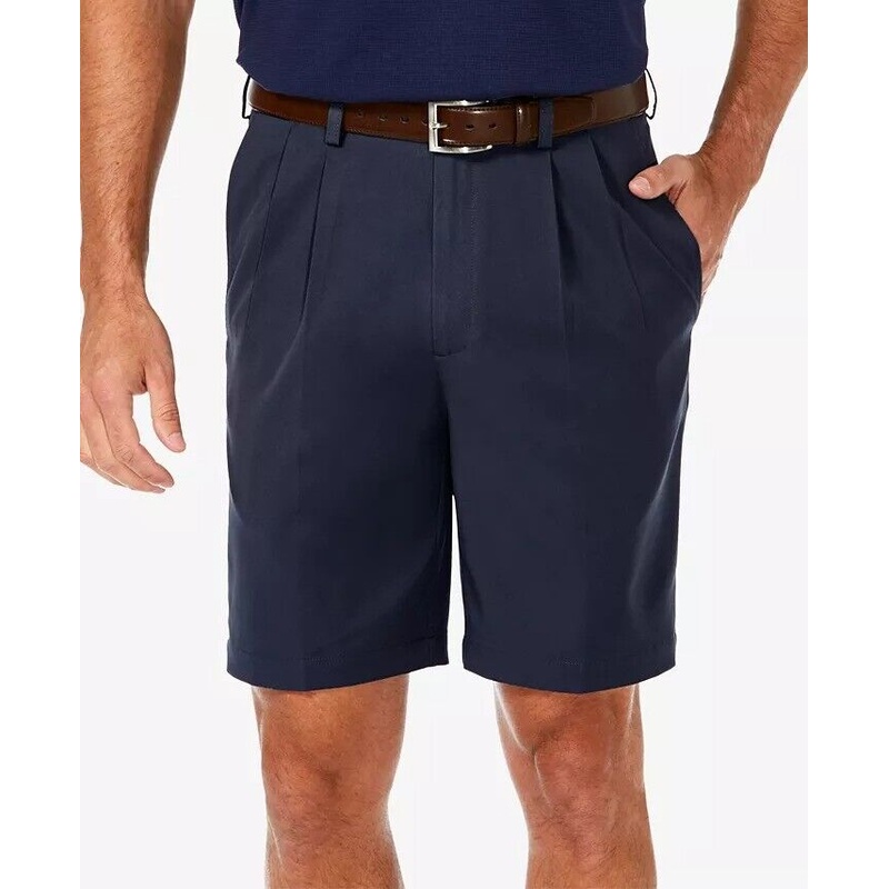 HAGGAR Men's Cool 18 PRO Classic-Fit Stretch Pleated 9.5" Shorts 36 Navy Blue