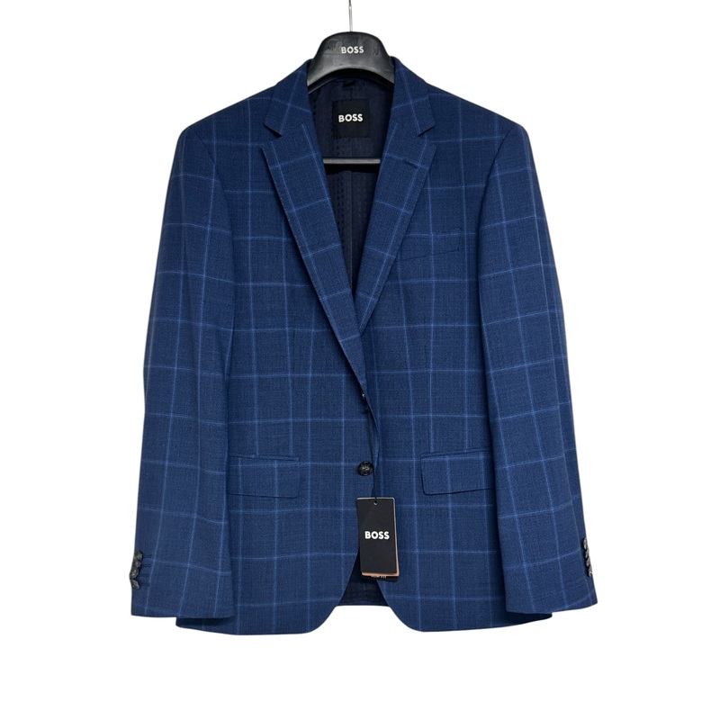 HUGO BOSS Huge 2-Pc. Slim Fit Windowpane Suit 38S / 32W Blue Plaid Flat Pant