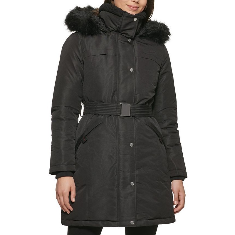 Kenneth Cole Women's Faux-Fur-Trim Hooded Puffer Coat Black Medium Belted