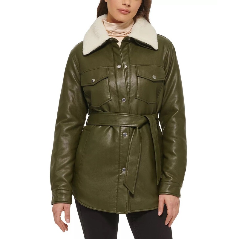 Kenneth Cole Womens Faux-Leather Faux-Fur-Trim Shirt Jacket Olive Small NO Belt
