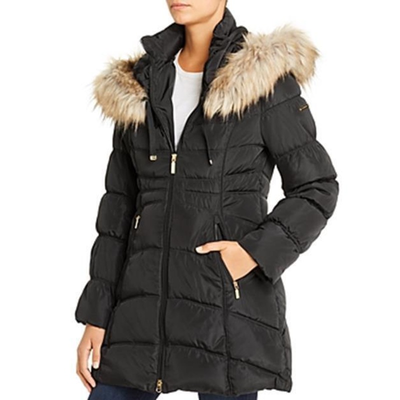 LAUNDRY BY SHELLI SEGAL Women's Faux-Fur Trim Hood Puffer Coat Small Black