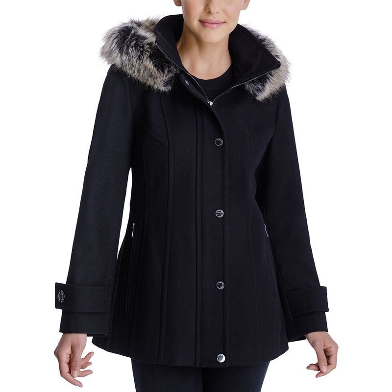 London Fog Women's Faux-Fur-Trim Hooded Walker Coat Medium Black Wool Zip