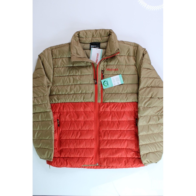 Marmot Men's HIghlander Down Puffer Jacket Large Shetland Tan / Cairo Orange