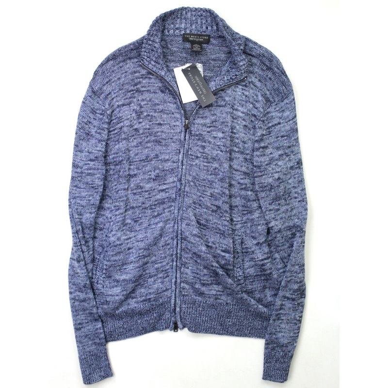 Men's Store Bloomingdales Linen Melange Knit Full Zip Sweater Large Navy Blue