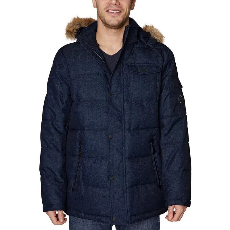 NAUTICA Men's Parka with Removable Faux-Fur Trimmed Hood Large Navy Blue