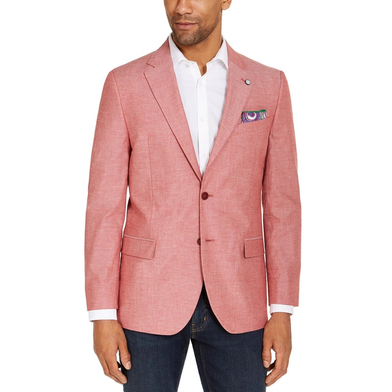 Nautica Mens Chambray Sport Coat Red 44L Modern-Fit Stretch