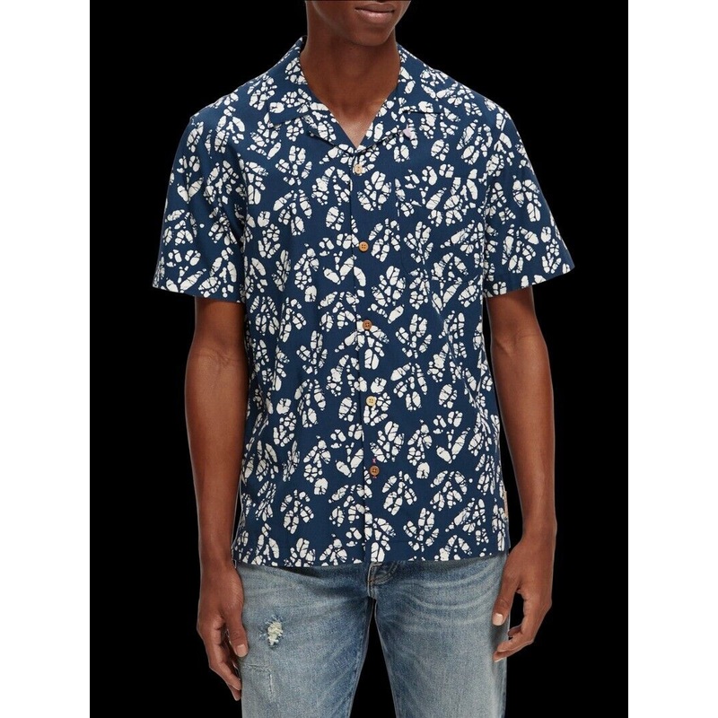 Scothc & Soda Men's Printed Short-Sleeved Camp Shirt XL Blue White