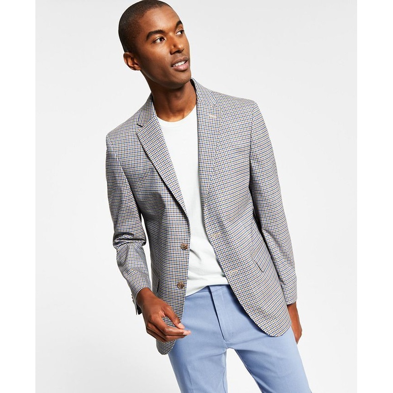 TOMMY HILFIGER Men's Modern-Fit Brown Blue Check Blazer 40R Sport Coat