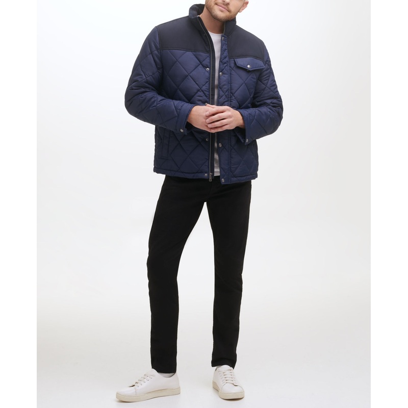 Cole Haan Men's Mixed Media Diamond Quilt Faux Sherpa Lining Coat Medium Blue